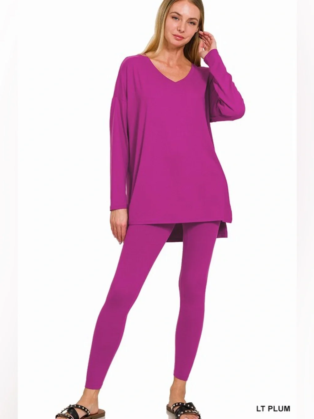 NWT 2pc Zenana LIGHT PLUM  BRUSHED DTY MICROFIBER TOP BOTTOMS SET BUTTERY SOFT